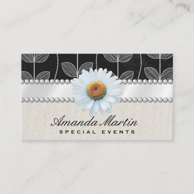 Flower Chalk Doodle | White Flower and Pearls Business Card (Front)