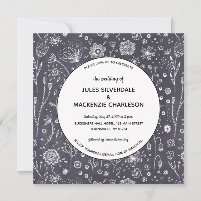 Flower Chalkboard Drawings Modern Wedding Invitation (Front)