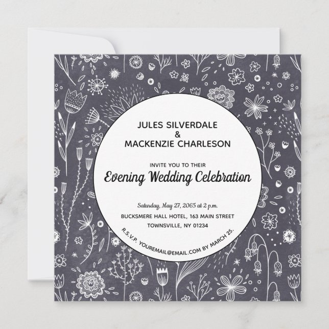 Flower Chalkboard Monochrome Modern Evening Invitation (Front)