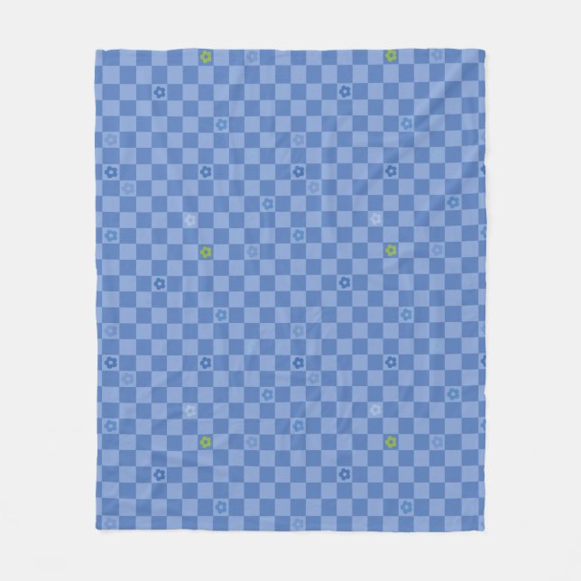 Flower Checkered Pattern No. 01 - Light Blue Fleece Blanket (Front)