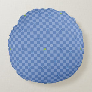 Flower Checkered Pattern No. 01 - Light Blue Round Cushion