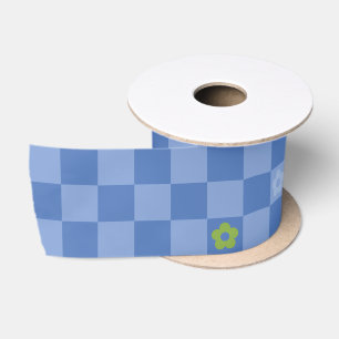 Flower Checkered Pattern No. 01 - Light Blue Satin Ribbon