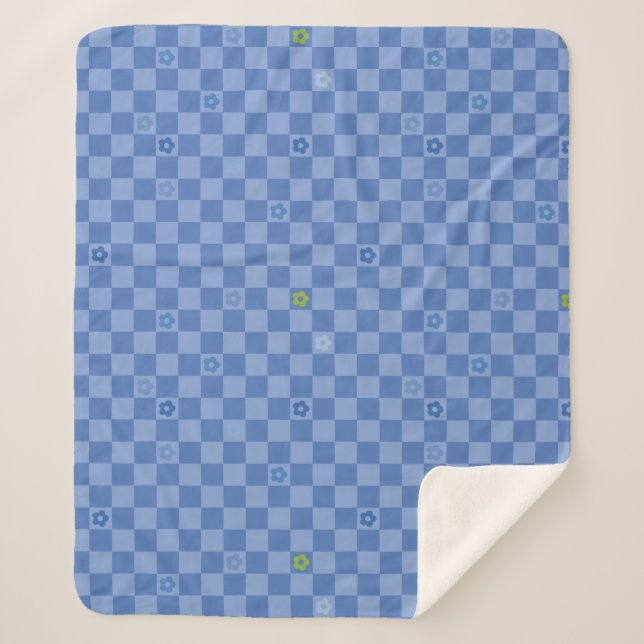 Flower Checkered Pattern No. 01 - Light Blue Sherpa Blanket (Front)