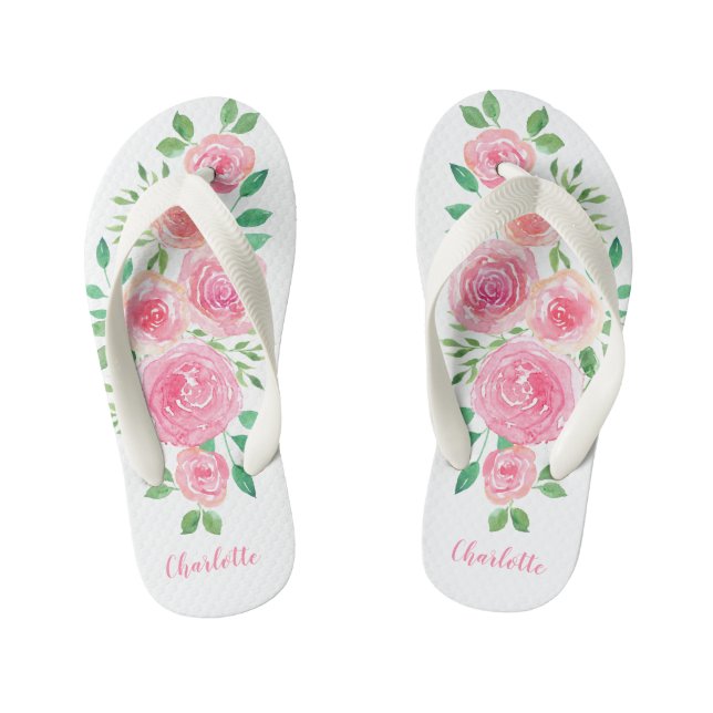 Flower Child Pink Roses Girl's Name Girl's Kid's Flip Flops (Footbed)