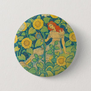 Flower Child Woman in Sunflower Garden 6 Cm Round Badge