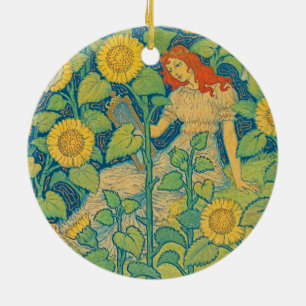 Flower Child Woman in Sunflower Garden Ceramic Tree Decoration