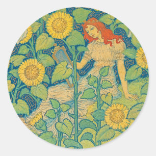 Flower Child Woman in Sunflower Garden Classic Round Sticker