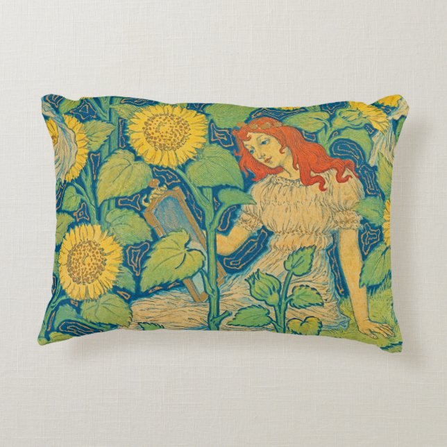 Flower Child Woman in Sunflower Garden Decorative Cushion (Back)