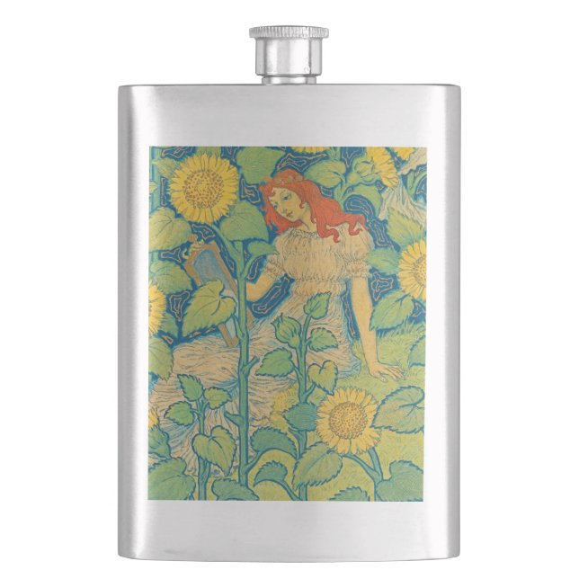 Flower Child Woman in Sunflower Garden Hip Flask (Front)
