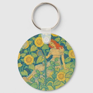 Flower Child Woman in Sunflower Garden Key Ring