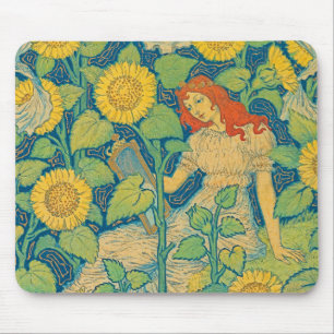 Flower Child Woman in Sunflower Garden Mouse Mat