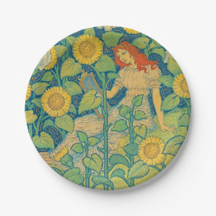 Flower Child Woman in Sunflower Garden Paper Plate