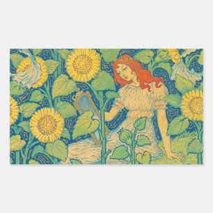 Flower Child Woman in Sunflower Garden Rectangular Sticker