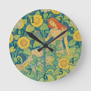 Flower Child Woman in Sunflower Garden Round Clock