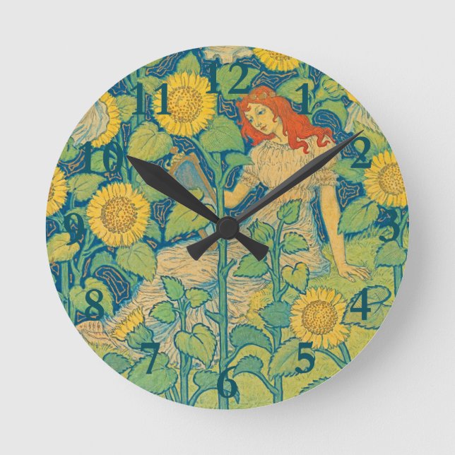 Flower Child Woman in Sunflower Garden Round Clock (Front)