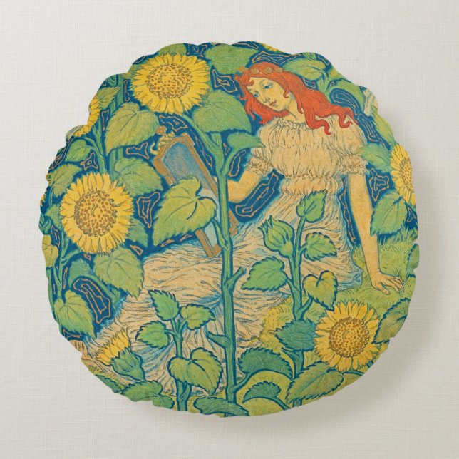 Flower Child Woman in Sunflower Garden Round Cushion (Front)