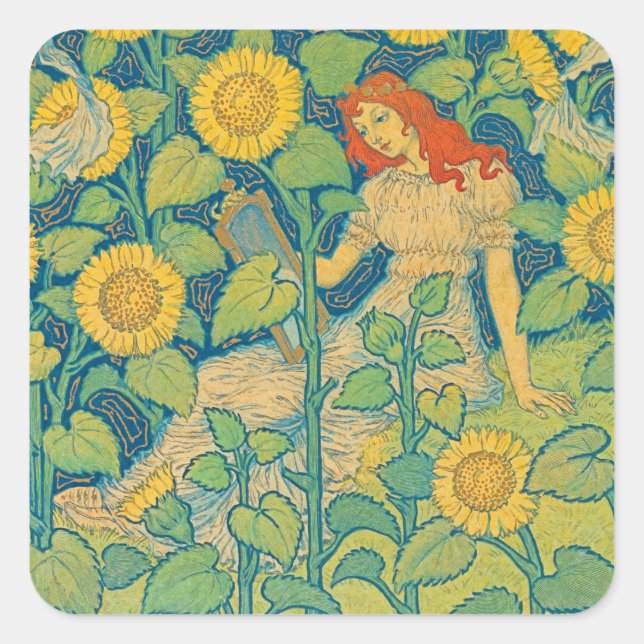 Flower Child Woman in Sunflower Garden Square Sticker (Front)