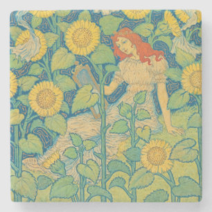 Flower Child Woman in Sunflower Garden Stone Coaster