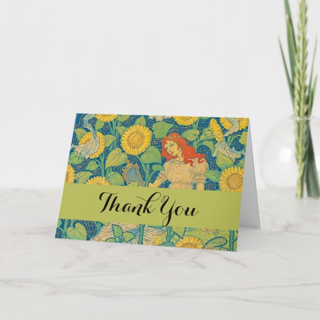 Flower Child Woman in Sunflower Garden Thank You Card (Front)