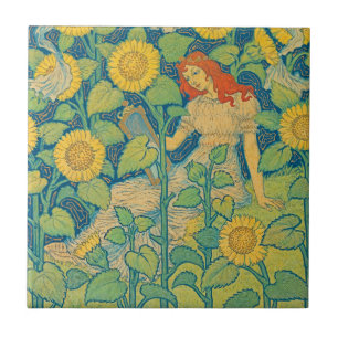 Flower Child Woman in Sunflower Garden Tile