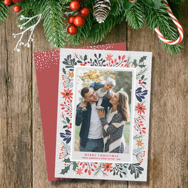 Flower Christmas Photo Holiday Card (Winter flowers and snowflakes Christmas holiday photo cards)