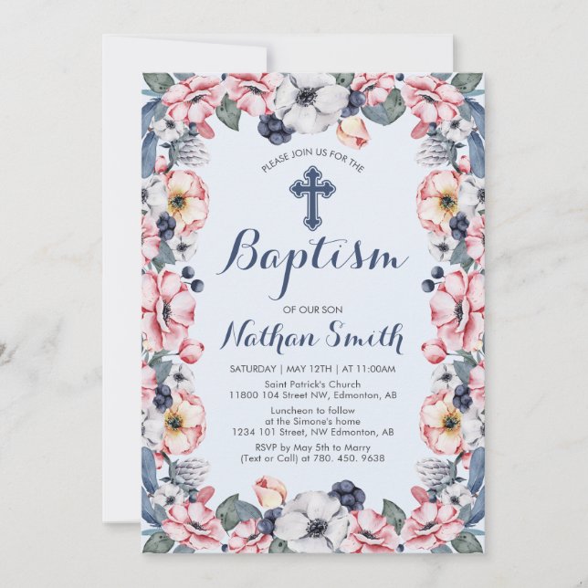 Flower & Cross | Boy Baptism / Christening Invitation (Front)