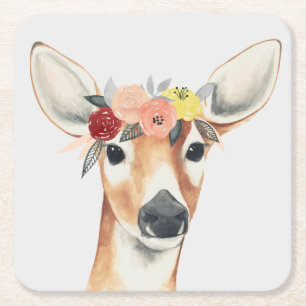 Flower Crown Forester Deer Square Paper Coaster