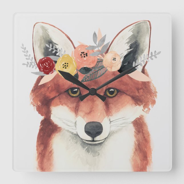Flower Crown Forester Fox Square Wall Clock (Front)
