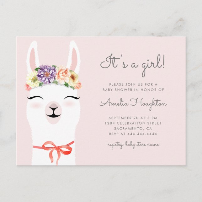 Flower Crown & Llama Girl Baby Shower Invitation Postcard (Front)