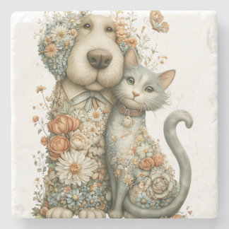 Flower-Crowned Dog and Cat Best Friends Stone Coaster