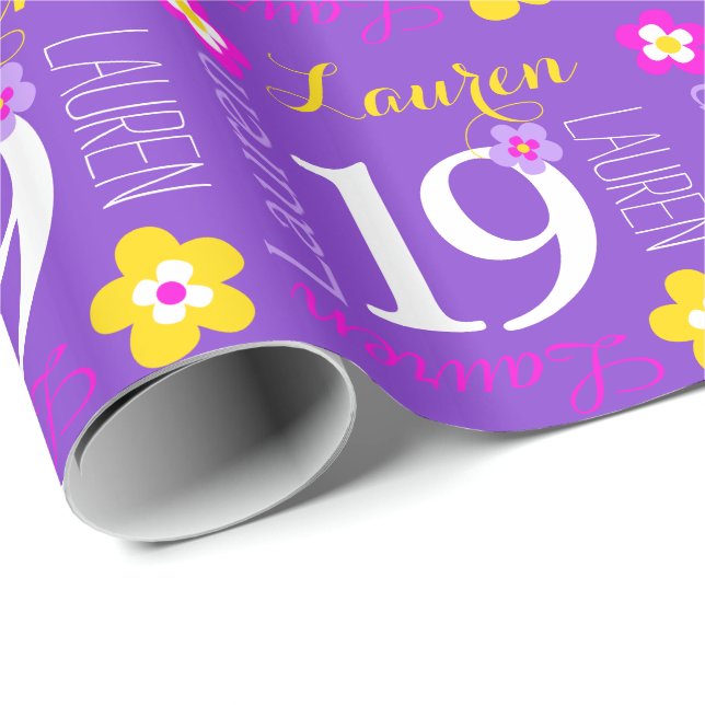 Flower custom name Lauren 19th birthday wrap Wrapping Paper (Roll Corner)