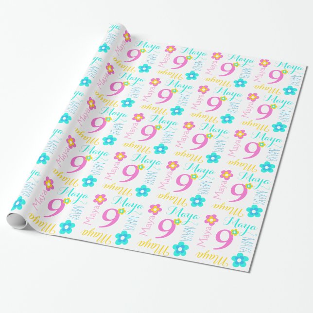 Flower custom name Maya kids age birthday wrap Wrapping Paper (Unrolled)