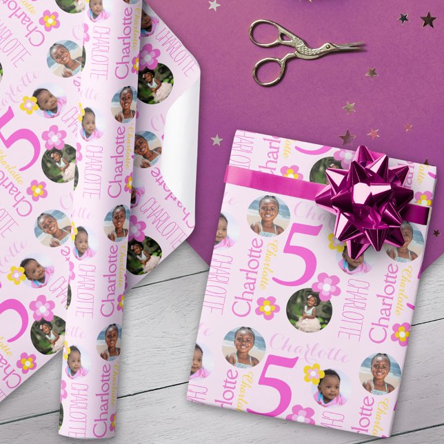 Flower custom name photos age 5th birthday wrap wrapping paper (Creator Uploaded)