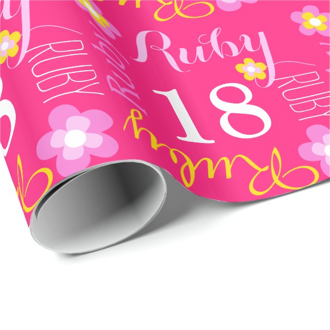 Flower custom name Ruby 18 birthday wrap Wrapping Paper (Roll Corner)