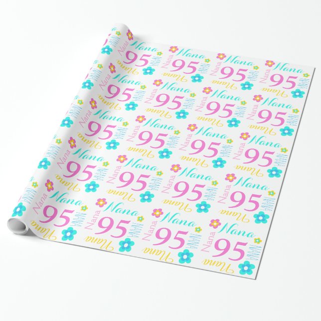 Flower custom nana or name age 95 birthday wrap wrapping paper (Unrolled)