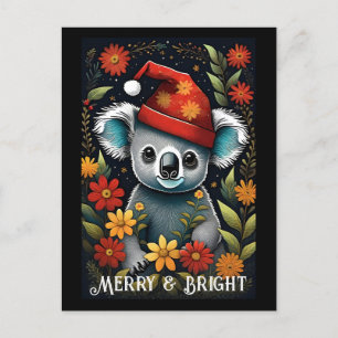 Flower Cute Santa Koala Bear Black Christmas  Postcard