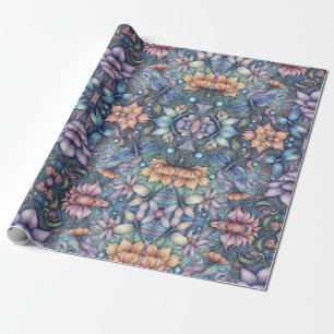 FLower Damask Blue Gold Wrapping Paper