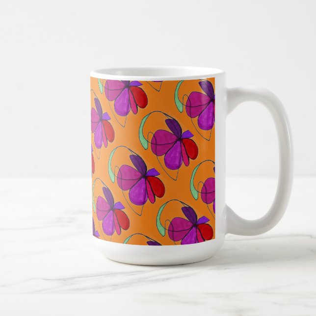 "Flower Dance on Orange Tiled" Abstract Design Mug (Right)