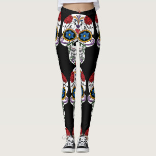 Flower Decorated Human Skulls Thunder_Cove Black Leggings