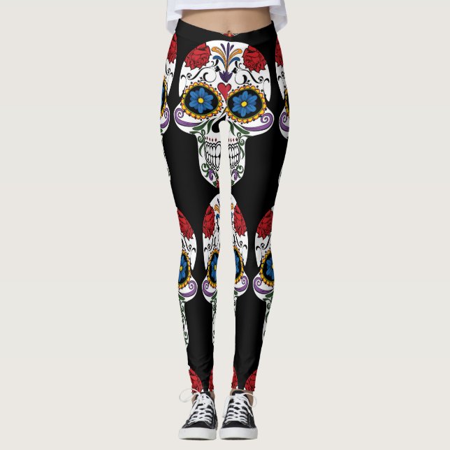 Flower Decorated Human Skulls Thunder_Cove Black Leggings (Front)