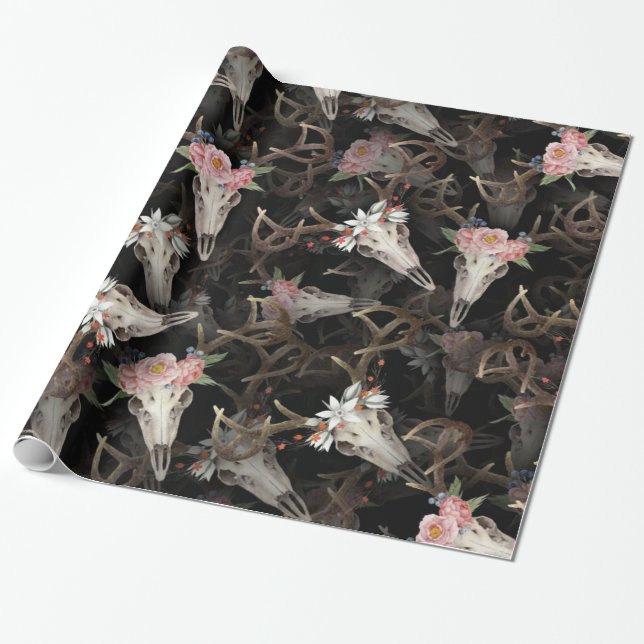 Flower Deer Skulls Pattern Wrapping Paper (Unrolled)