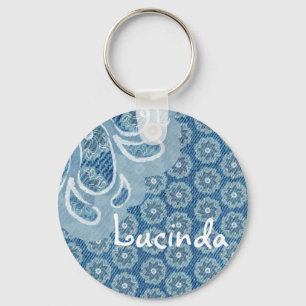 Flower & denim faded aqua name keychain