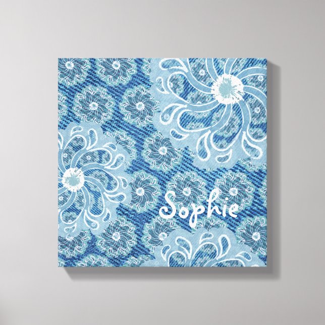 Flower & denim faded aqua square canvas wrap print (Front)