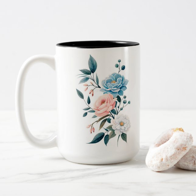 FLOWER DESIGN COFFEE MUG.JPG Two-Tone COFFEE MUG (With Donut)