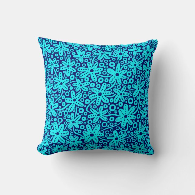 Flower Design - Cyan on Deep Navy Cushion (Front)