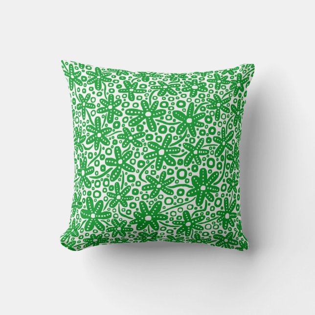 Flower Design - Grass Green on White Cushion (Front)