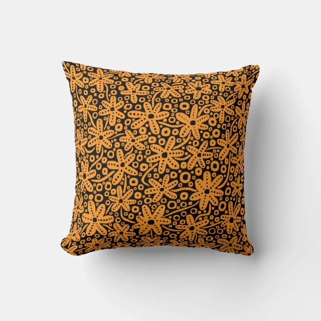 Flower Design - Light Orange on Black Cushion (Front)