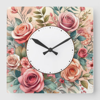 flower design square wall clock