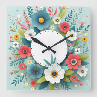 flower design square wall clock