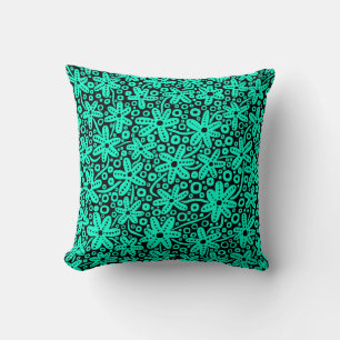 Flower Design - Turquoise on Black Cushion
